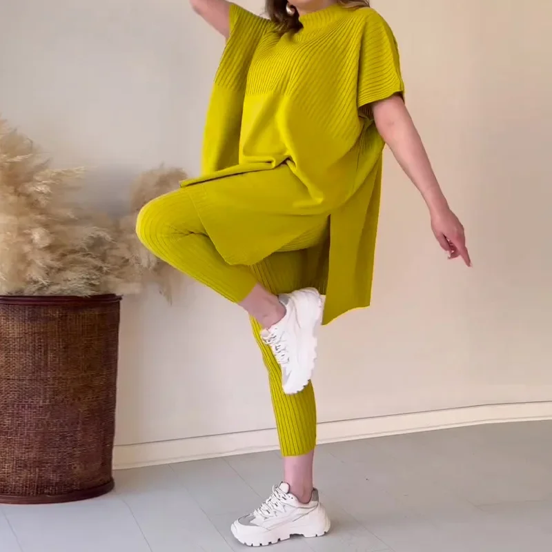 Women Two Piece Pant Sets Knitted Batwing Sweaters Short Sleeve Y2k Tops Casual High Waist Pants Autumn Winter Matching Sets
