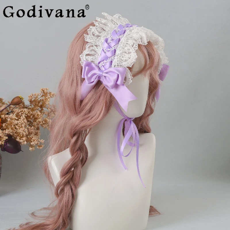 Fascia per capelli Lolita fresca giapponese Lolita femminile Accessori per capelli dal design originale Fiocco in pizzo da donna Versatile fascia per capelli dolce