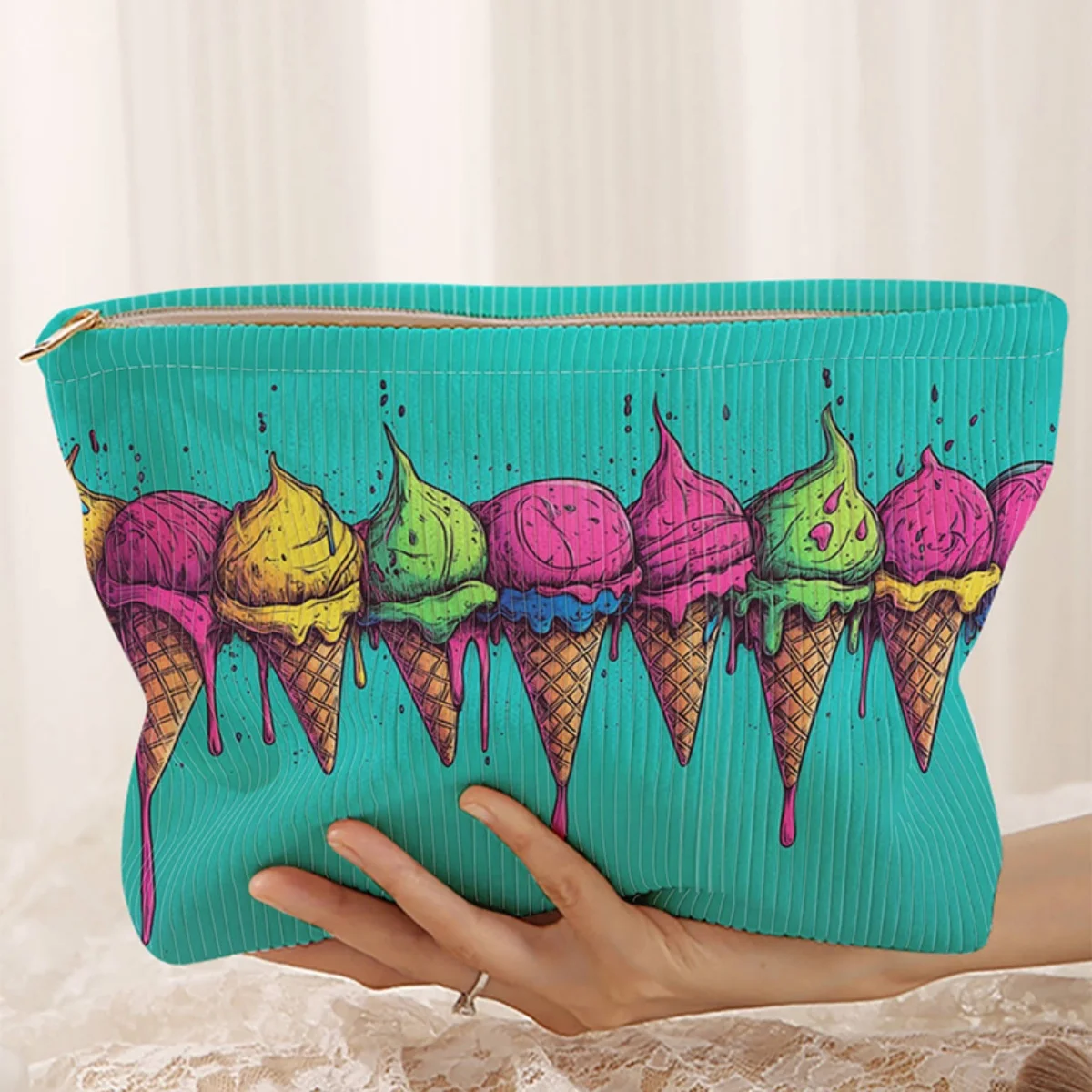 

Косметичка из вельвета с узором «мороженое», легкая, на молнии, многофункциональная, с подкладкой
