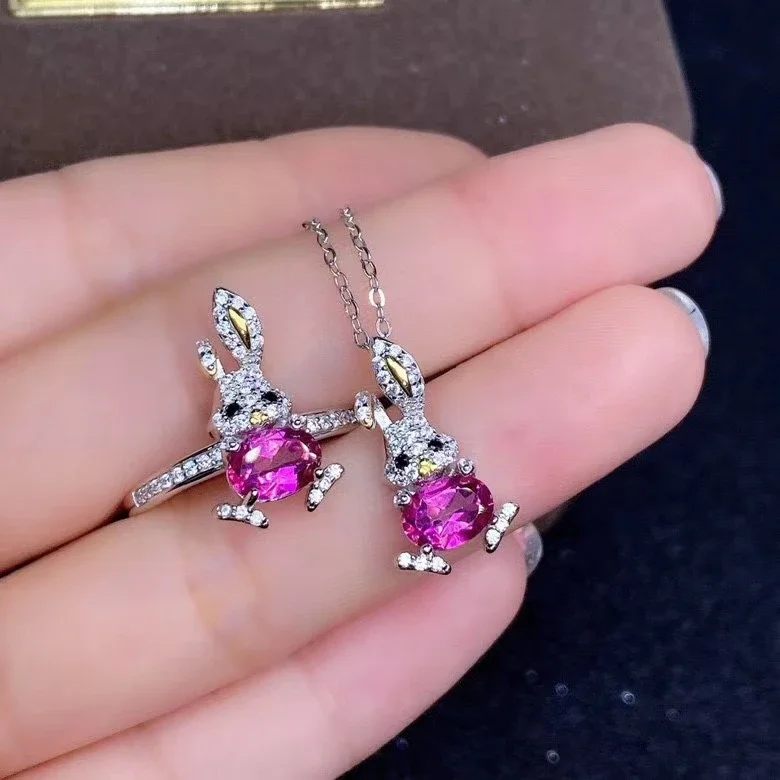 Fine Jewelry 925 Sterling Silver Inlaid Natural Pink Topaz New Luxury Rabbit Pendant Ring Girl Suit Support Test