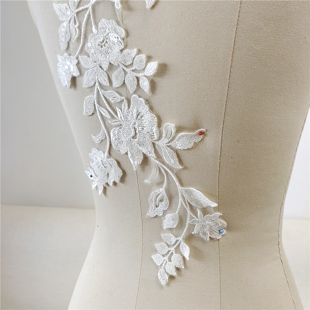 Lace Fabric Embroidered Wedding Gown Appliques, Baroque Trims, Collar Mesh Sew On Patches for Dress, DIY Decoration, Off White