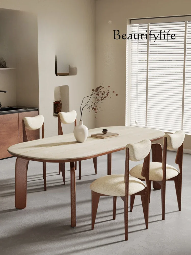 

Stone Plate Dining Table Solid Wood Home Modern Simple and Light Luxury Small Apartment Retro French High-End Tea Table