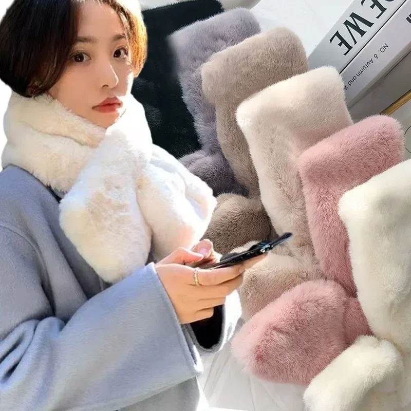 Winter Warm Thicken Scarfs for Women Solid Color Faux Rabbit Fur Plush Cross Collar Scarf Shawl Elegant Warm Soft Neck Scarf