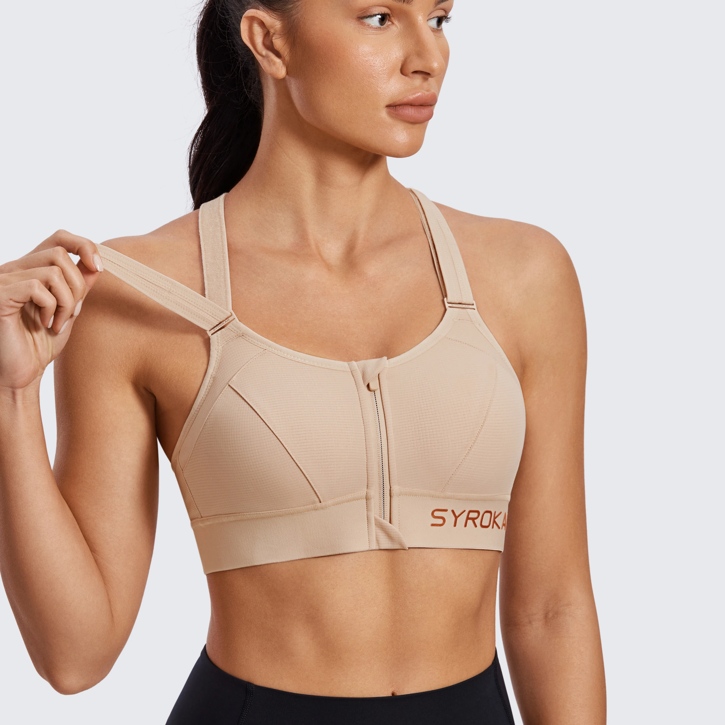 Syrokan feminino de alto impacto zip frente alças ajustáveis strappy voltar wirefree acolchoado treino sutiã esportivo