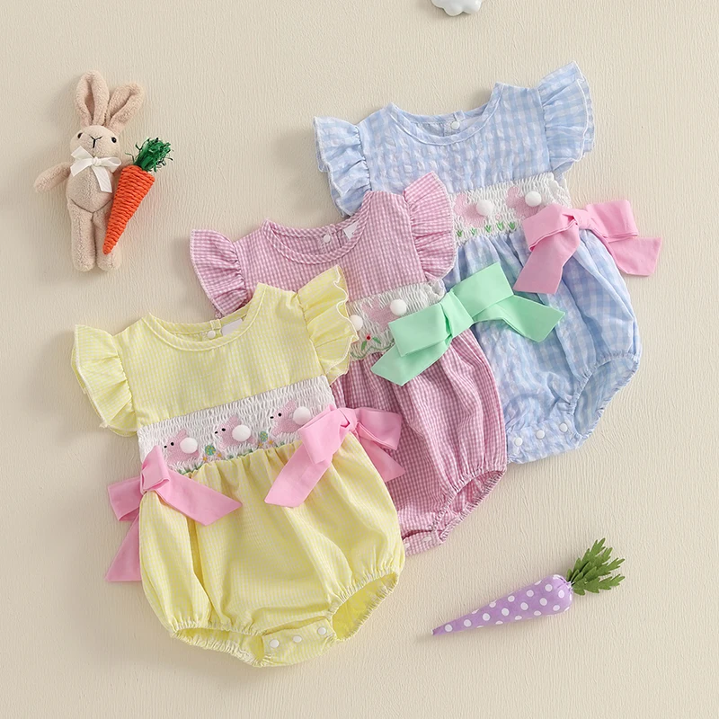 2025-01-09 Lioraitiin Baby Girls Rompers Easter Clothes Rabbit Embroidery Plaid Fly Sleeve Summer Bodysuits Jumpsuits