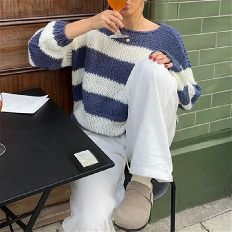 

Y2k Crochet Knit Stripe Jumper Women White and Blue Sweater Loose O Neck Long Sleeve Pullover Tops 2024 Autumn Winter Streetwear