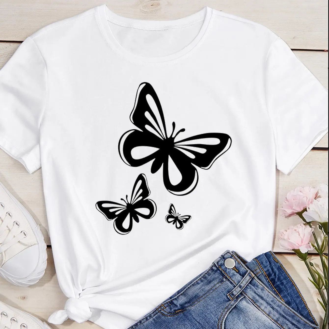 Women's short-sleeved T-shirt summer top butterfly pattern design soft texture fashionable and comfortable personalized