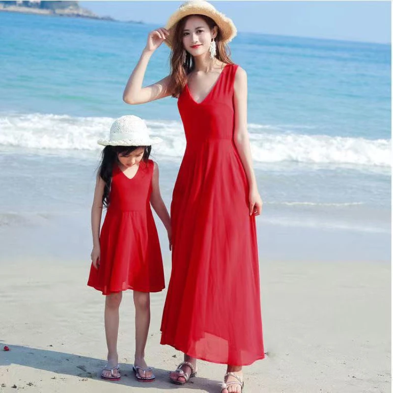 Vacation Mommy and Me Red Dresses Resorts Look Mother and Daughter Sleeveless Dress Mom Baby Girl Matching Holiday Beach Clothes