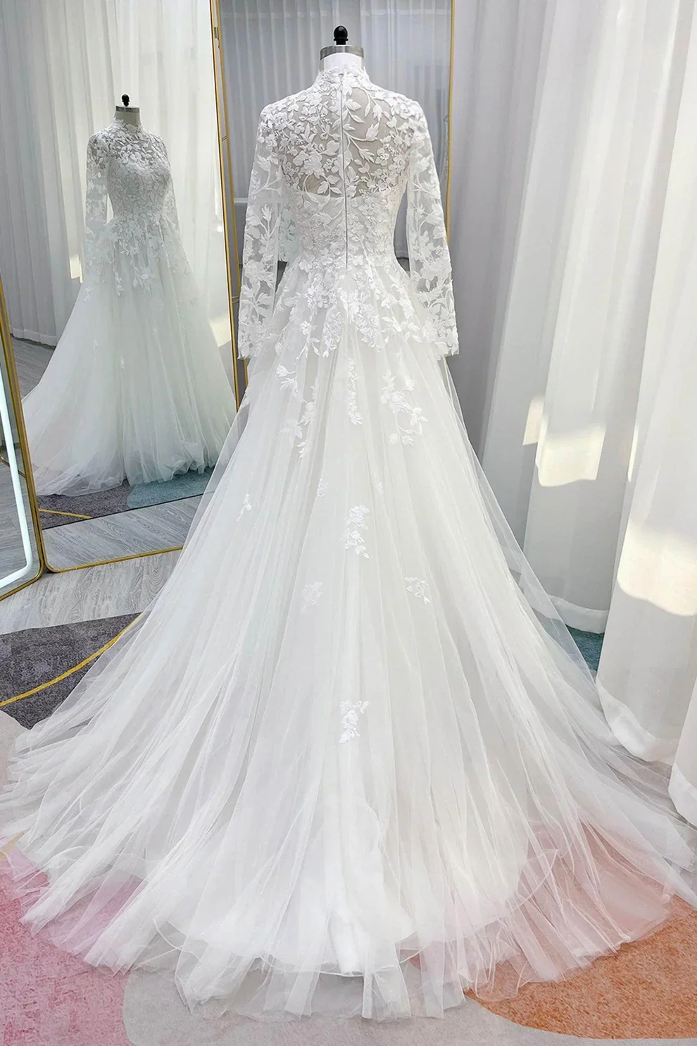 Customized 2026 New Elegant Classic Wedding Dress White High Collar Long Sleeve Embroidered Yarn Lace Stickers Vestidos De Novia
