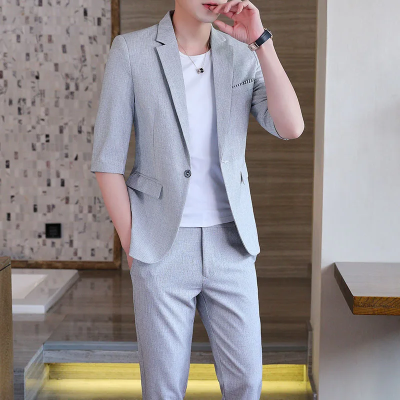 2023Summer medium sleeve seven-point sleeve (Blazer+ western pants) suit men\'s thin plaid slim short sleeve Blazer two-piece set