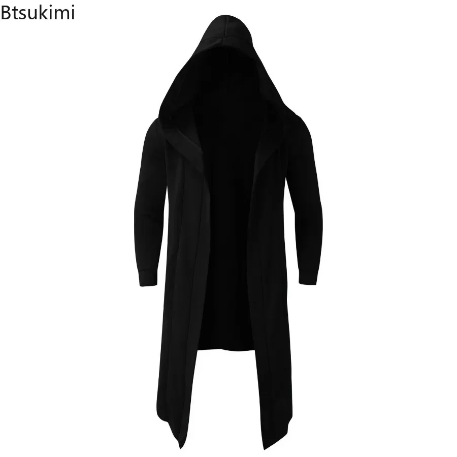 New 2024 Men' Casual Hoodie Coat Jacket Solid Cardigan Cloak Coat Open Front Warm Long Outwear Male Trench Coats Men Clothing