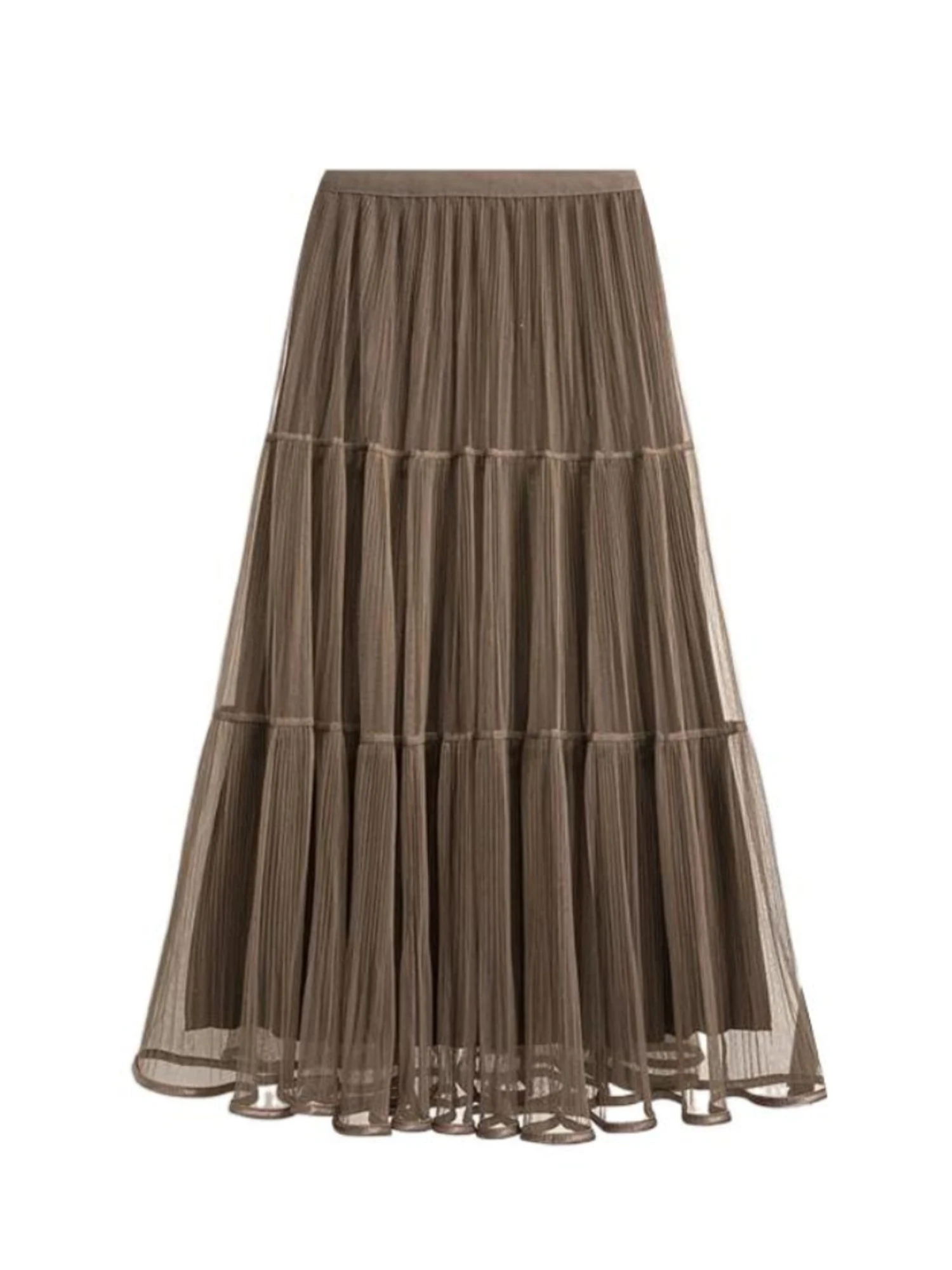 Women's Brown Long Skirt Vintage Aesthetic High Waist Mesh Skirt Harajuku Y2k A-line Oversize Skirts 2000s Autumn Clothes 2025