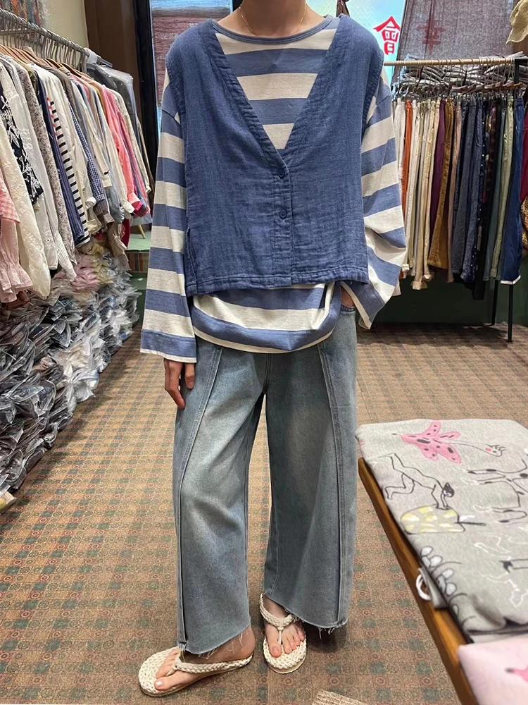 

Ретро-джинсы в японском стиле, имитация двухслойных, с эффектом потертости, женские, больших размеров, летние брюки