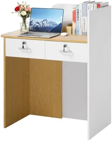 Reception Desk, 31.5 inch Rectangular Front Counter Table, Modern Office Reception Desk with LED Light, 2 Drawers &