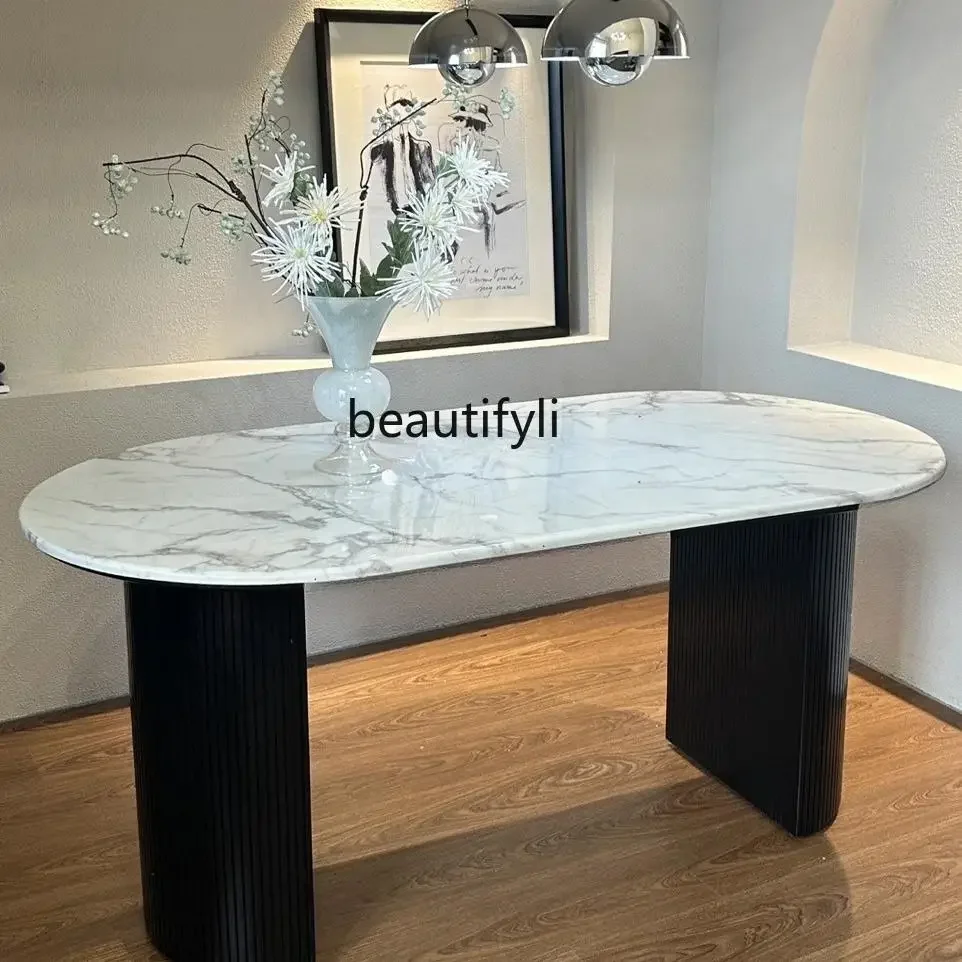 

French marble Nordic cream style light luxury small apartment retro medieval oval dining table