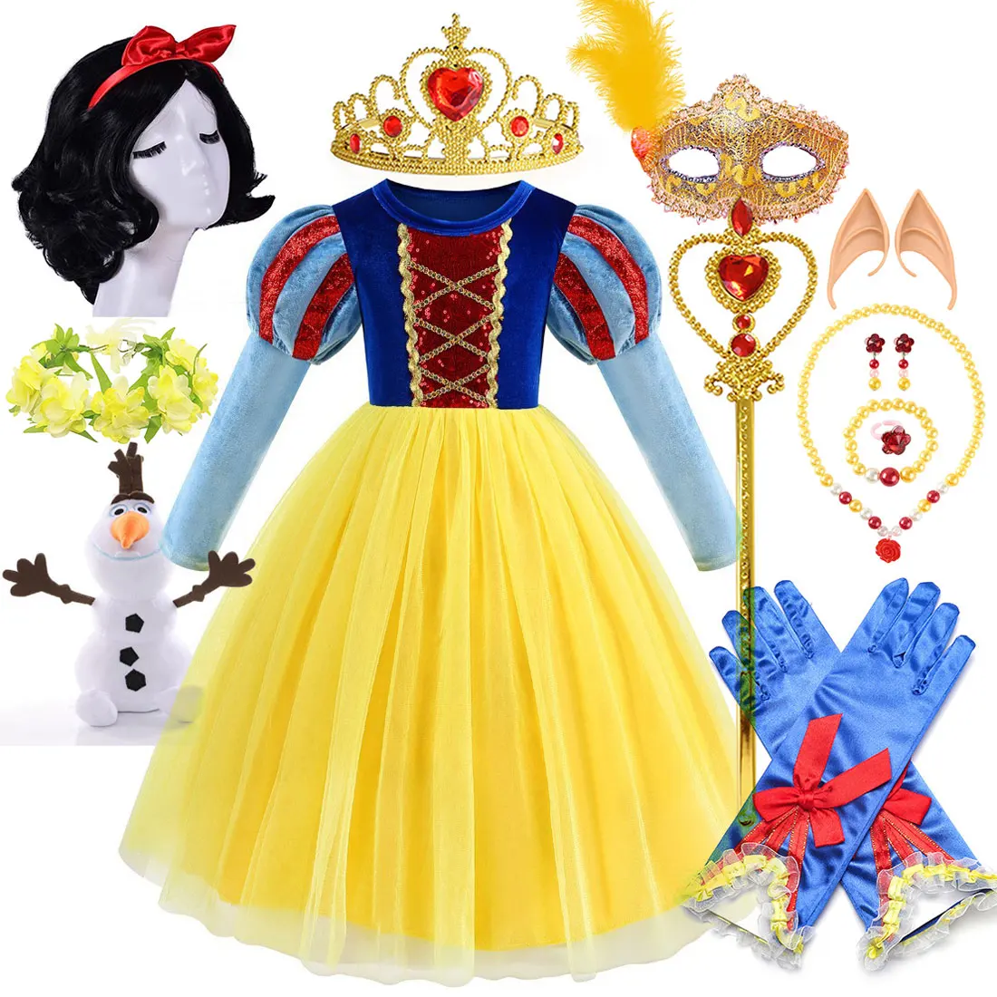 

Классическое платье Белоснежки для малышей 2026 года: наряд для Хэллоуина, праздников, карнавалов, дней рождения, с длинными рукавами + набор аксессуаров