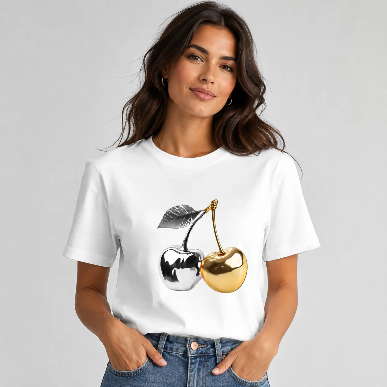 Women's Short-sleeve T-shirt Featuring A Gold Cherry Print—stylish Casual and Comfortable Made From Soft Fabric Short Sleeves
