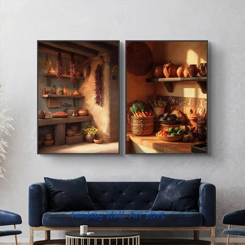 Talavera Pottery Mexican Kitchen Produce Still Life Colourful Mexican Rustic Western Home Poster Canvas Painting Wall Pictures