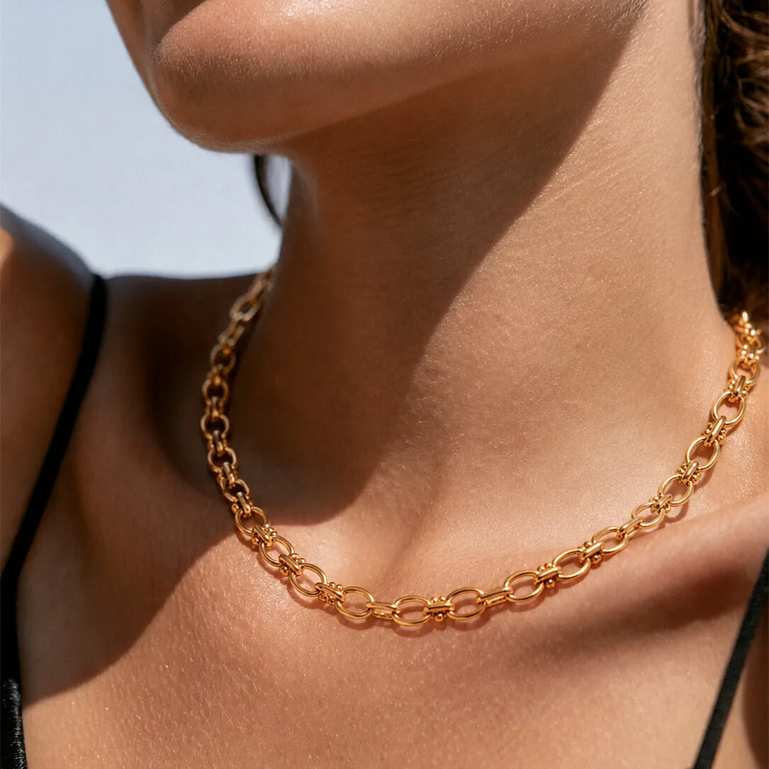 IngeSight.Z Punk Trendy 18K Gold Plated Stainless Steel Choker Necklace Personality Hollow Out Chunky Chain Waterproof Jewelry