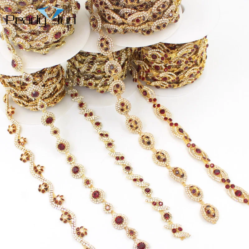 1 Yard Gold Siam Red Crystal Metal Chain Decoration Accessories DIY Sewing on Wedding Dress Bag Clothing Rhinestone Trim ML186