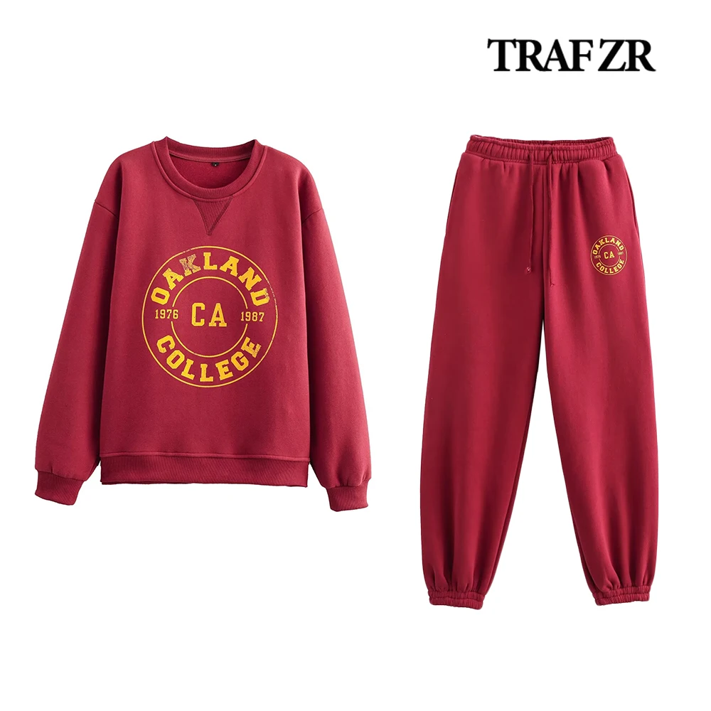 TRAF ZR Washed Effect Varsity Combi-Pants Set Normcore Comfy Women's Sports Suit Contrasting Text O-Neck Sweatshirt Co-Ord Sets