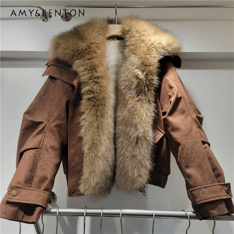 Winter New Thickened Warm Suede Coat For Women's Short Motorcycle Jacket Leather Faux Fur Integrated Shearling Parka Outerwear
