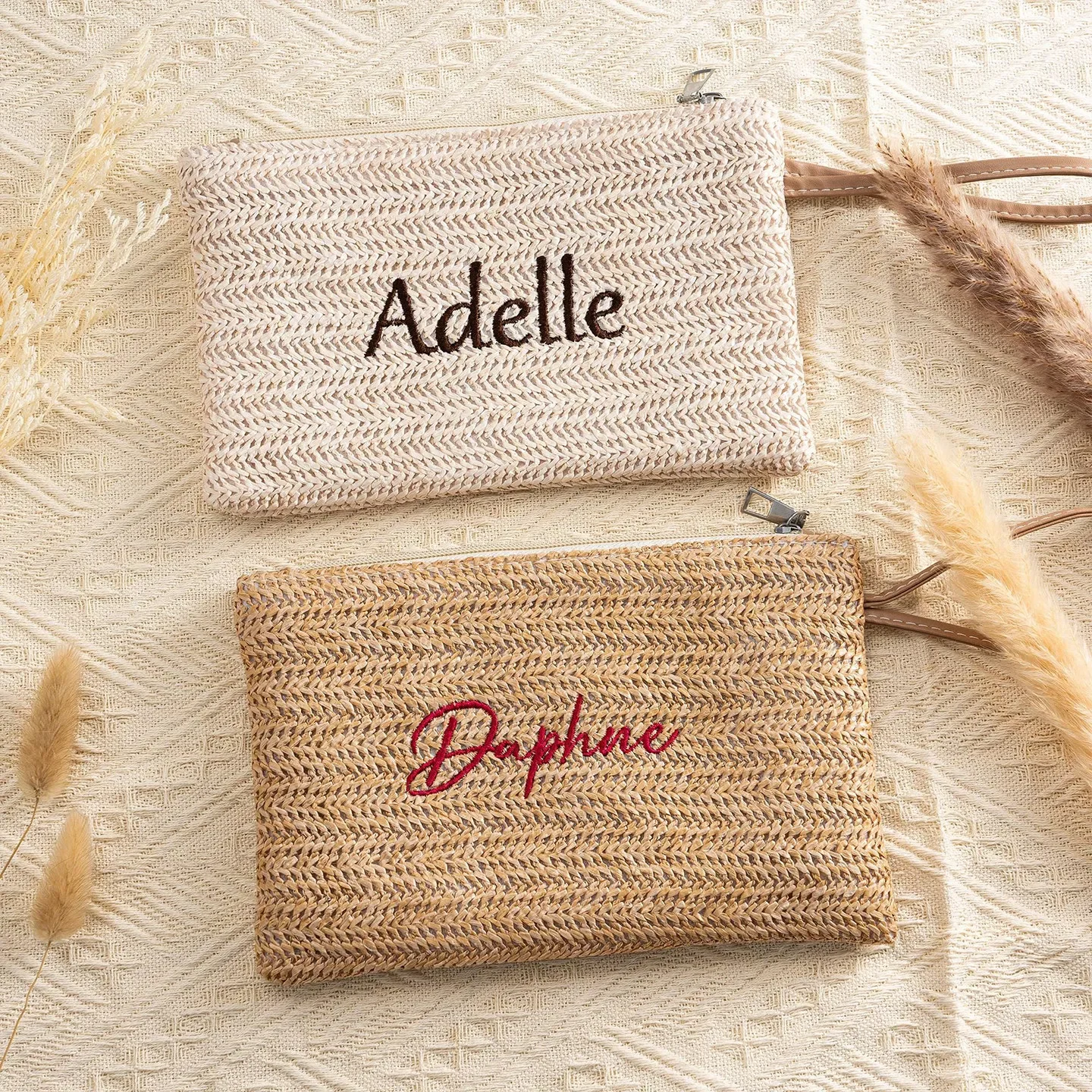 Custom Name Boho Straw Woven Clutch Bag Embroidered Zipper Pouch Women Girls Portable Coin Wallet Beach Vacation Accessories