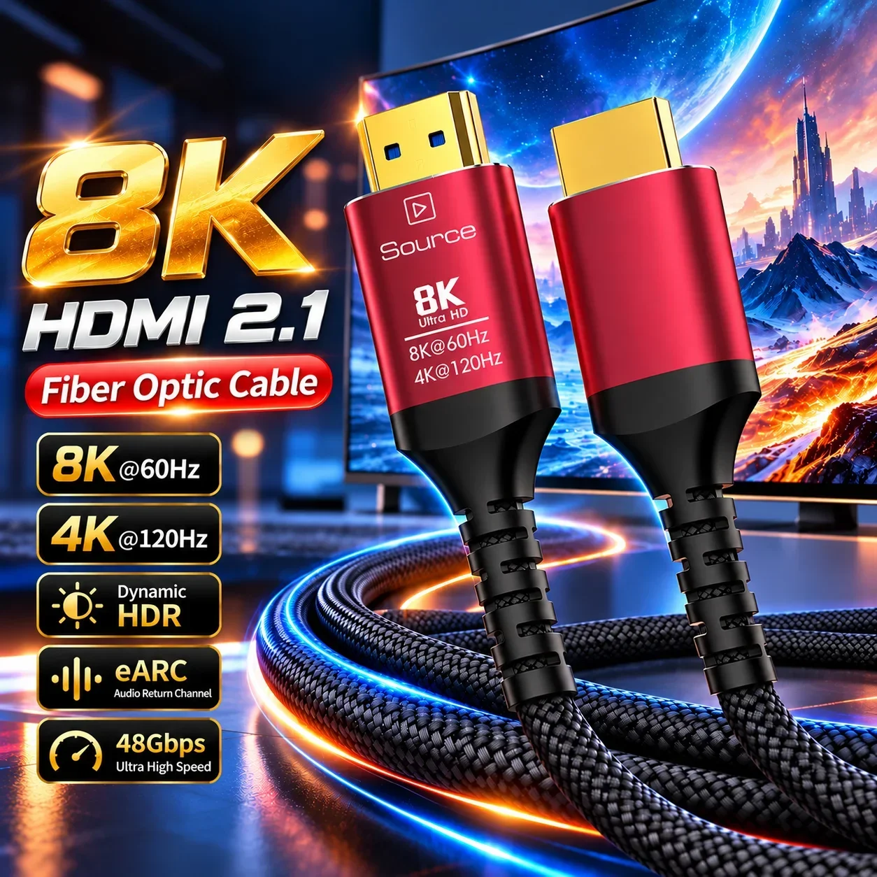 8K 4K 120HZ HDMI Cable 10M Fiber Optic,in-Wall CL3 Rated HDMI 2.1 HDR/eARC/HDCP 2.2&2.3/3D, Compatible for PS5 PS4 AMD NVIDIA HP