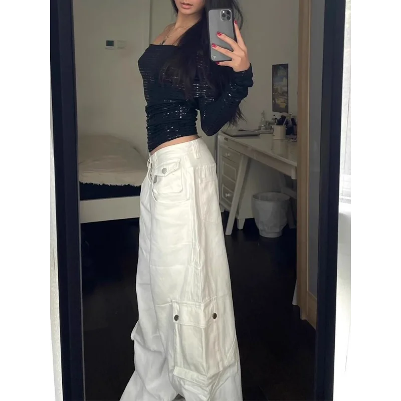 Design Sense Niche White Denim Cargo Pants Women Lazy Style Spring Autumn New American Loose Wide Leg Long Pants
