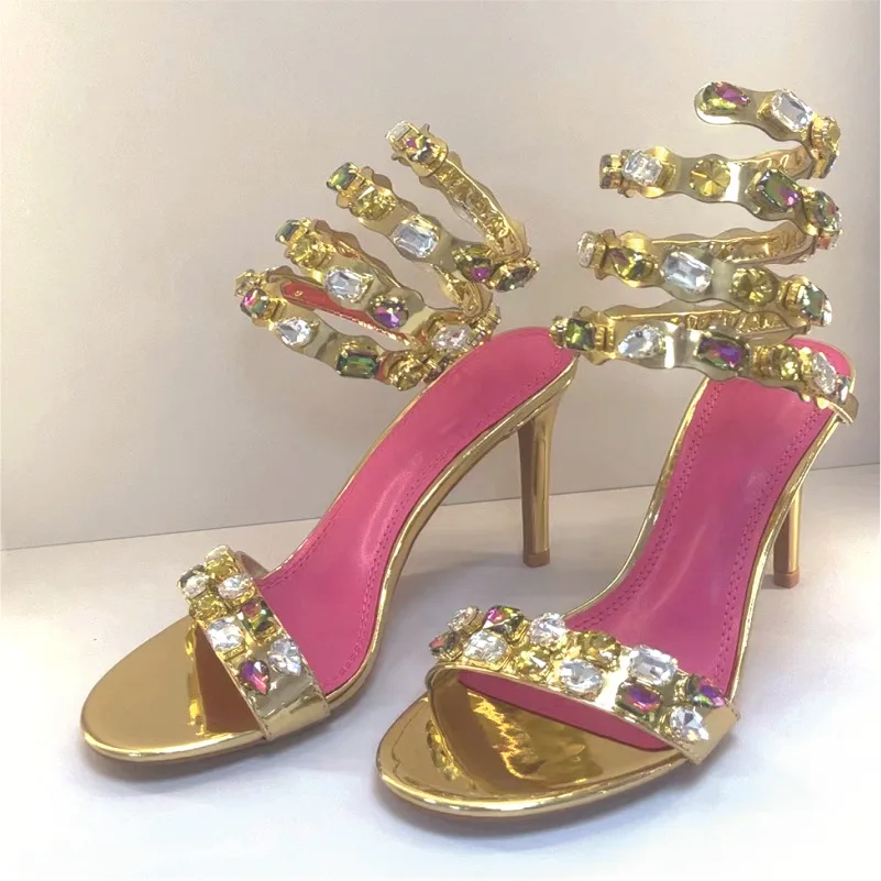 

New Summer Women's High-heeled Sandals Snake-shaped Winding Sandals Stiletto Open-toed Colorful Rhinestone Strappy High Heels