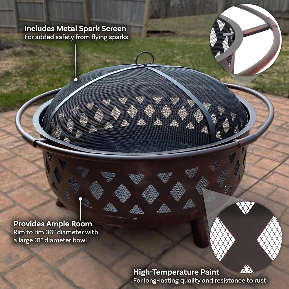 36-Inch Bronze Crossweave Wood-Burning Fire Pit - Includes Spark Screen, Fireplace Poker, and Round Cover