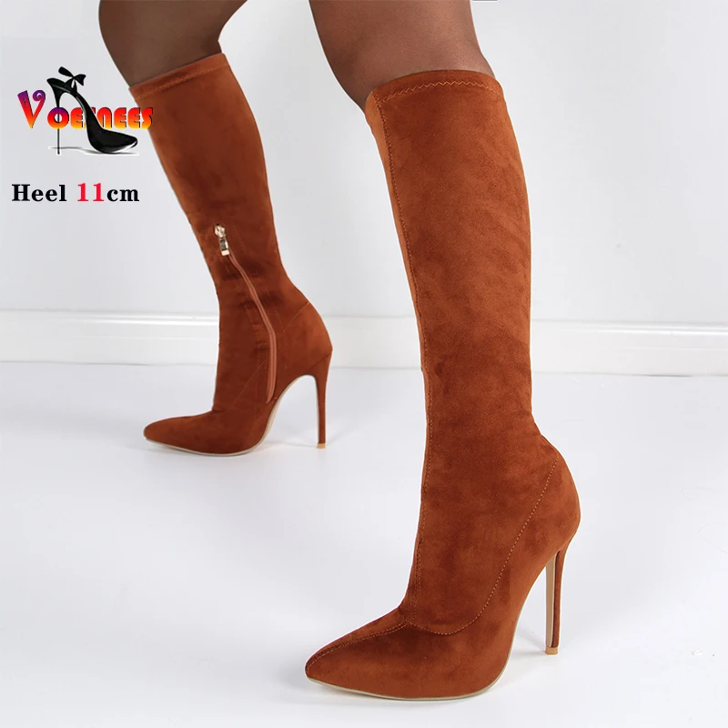 High Quality Black Faux Suede Thin Heels Mid-Calf Women Boots Spring Fashion Pointed Toe ZIP Sexy Solid Party Pumps Size 35-43