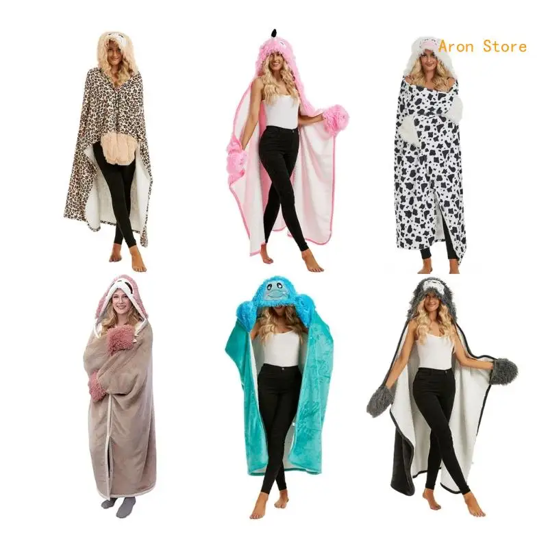 Hooded Fleece Blanket Stay Comfortable and Trendy Universal Wearable with Sleeves FluffySofa Blanket H3CF