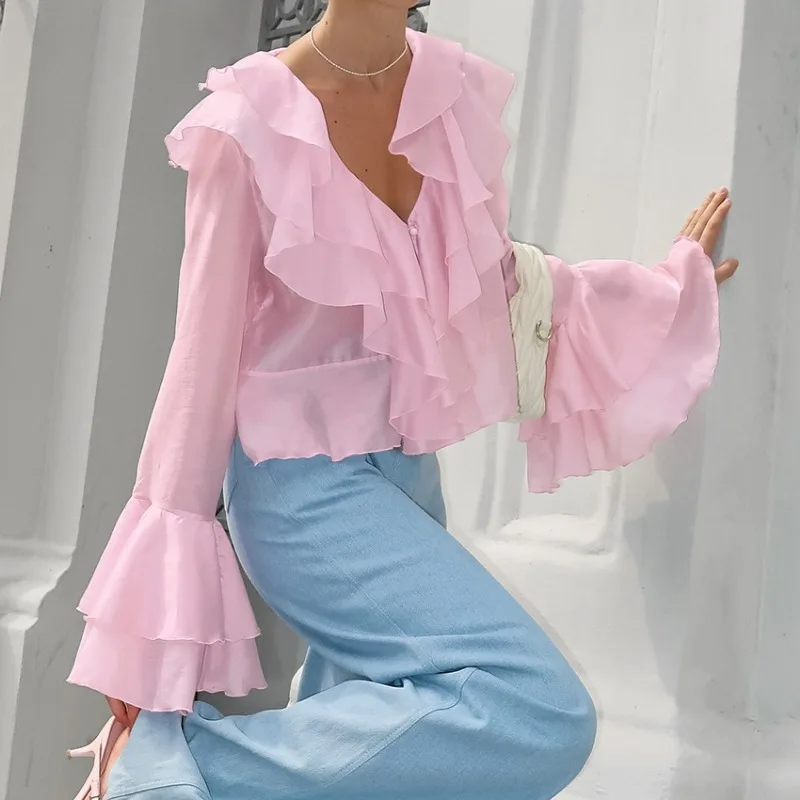 

Talenza Pink Chiffon Shirt Women's Summer V-Neck Ruffle Flared Sleeve Women Blouses Loose Casual Shirt Fashion Female Cardigan