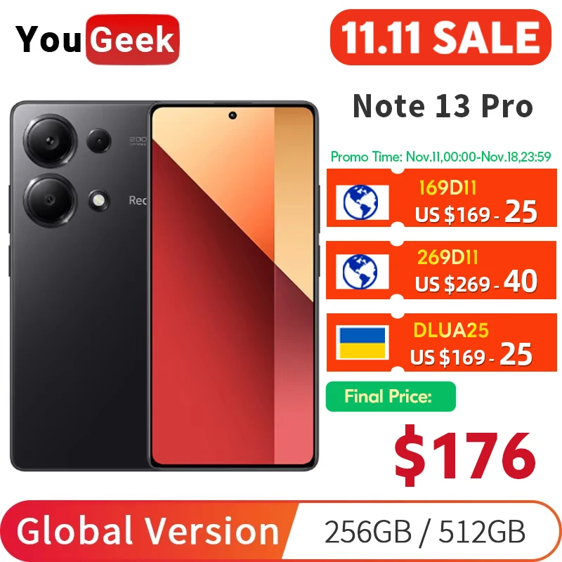 Global Version Xiaomi Redmi Note 13 Pro 4G 256GB/512GB 200MP Main Camera 120Hz AMOLED Display 67W Turbo Charging Mobile Phone