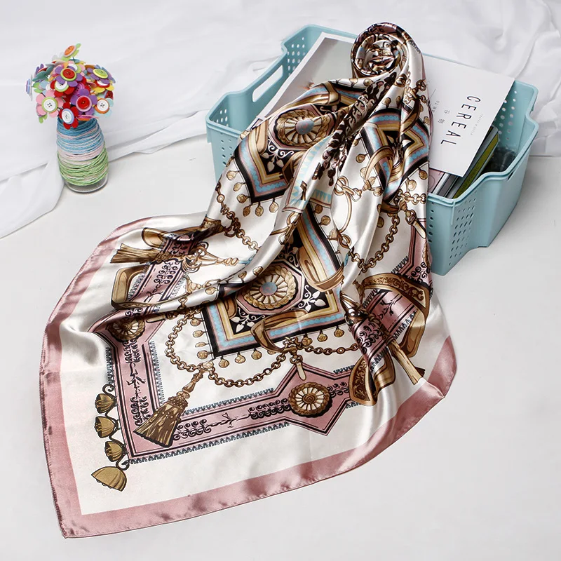 Satin Square Scarf Women Muslim Hijab Elegant 2026 Chains Print Neckerchief Shawl Wraps Headband Handle Hair Accessories Bandana view 5