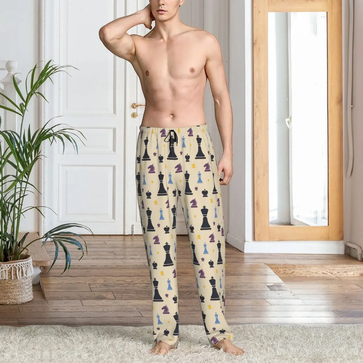 Calças de pijama de tabuleiro de xadrez personalizadas pijamas masculinos cintura elástica jogo de xadrez sleep lounge bottoms com bolsos