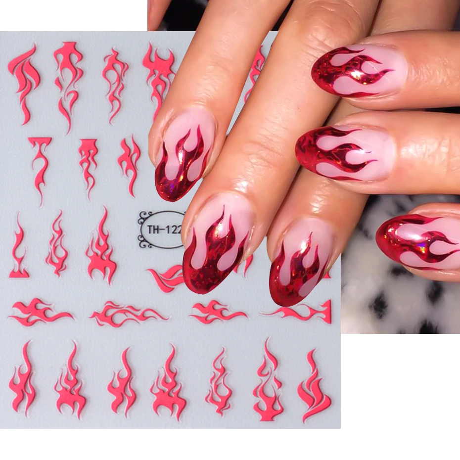 2Pcs Fire Flame Nail Stickers Gold Red Torch Light cursore autoadesivo linee a righe decalcomanie per unghie Manicure Decor accessori fai da te