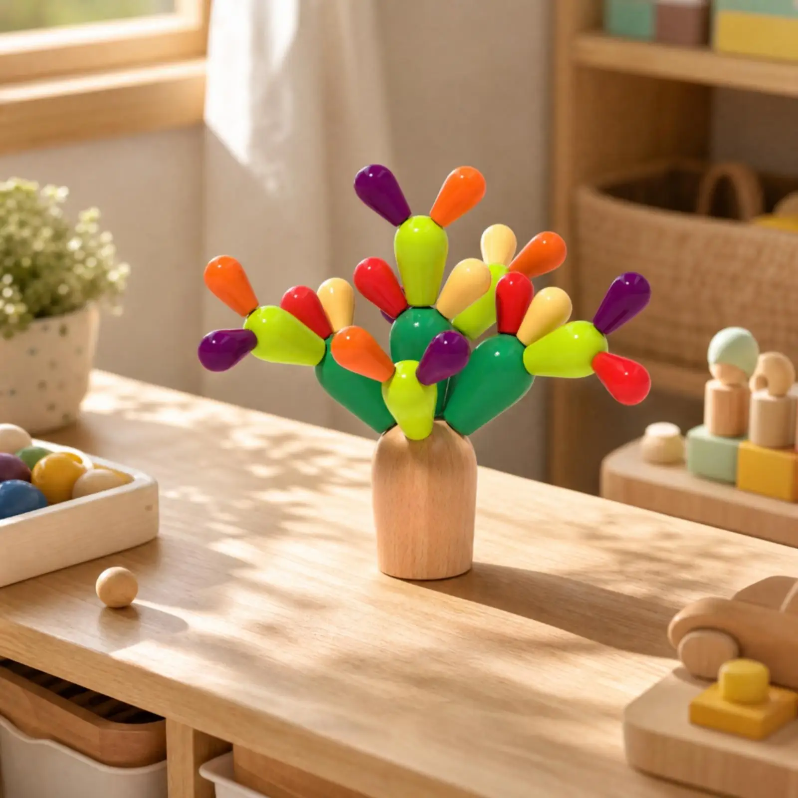 Cactus Building Toy with Wooden Base Early Learning Peg-and-Socket Cactus Toy Colorful Fine Motor for Toddlers, Playtime