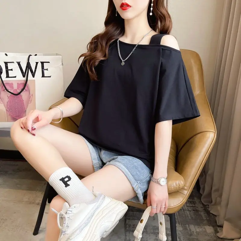 Off Shoulder White Loose T Shirts Summer New Short Sleeve Solid Color All-match Casual Tops Tees Fashion Trend Women Clothing