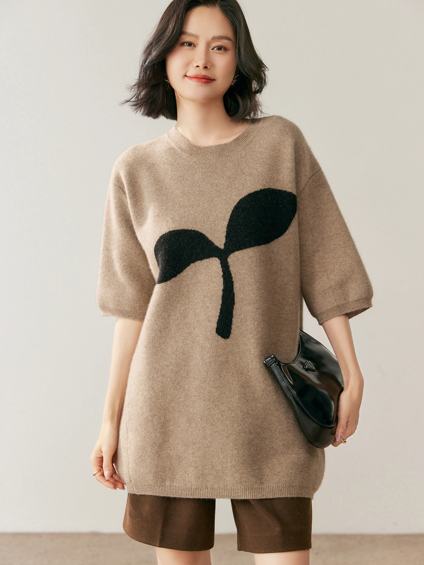 เสื้อสเวตเตอร์แคชเมียร์แท้ 100% สำหรับผู้หญิง คอทรงโอ แขนยาวครึ่งตัว ผ้าแจ็คการ์ด ทรงหลวม ถักนิตติ้ง เนื้อนุ่ม สวมใส่สบาย เหมาะสำหรับฤดูใบไม้ร่วงและฤดูหนาว