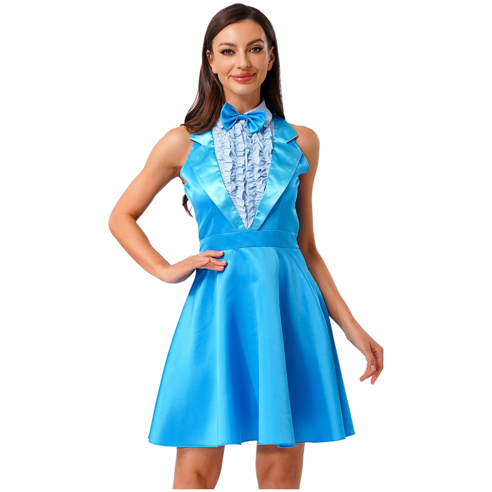 Womens Cosplay Domme Pakken Jurk Bowtie Mouwloze Ruches A-lijn Jurk voor Halloween 70s 80s Dumber Kostuum Dress-up Party Raves