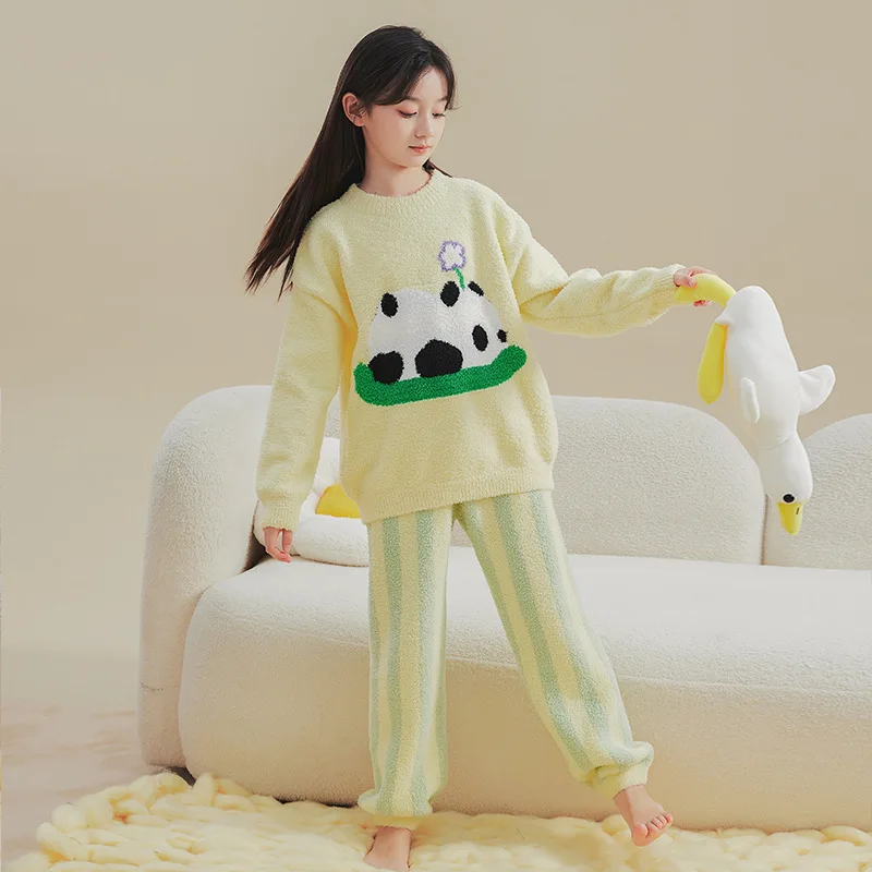 Winter Autumn Flannel Pajamas Girl Pandas Long Sleeve Tops+Pants Suits Cartoon Cute Coral Plush Comfortable Home Pjama Set