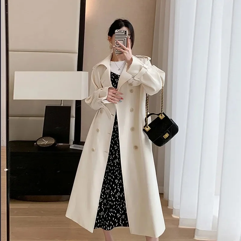 Windbreaker Women's Mid-length 2025 Spring And Autumn New Solid Color Small Popular British Style Coat Over The Knee Coat