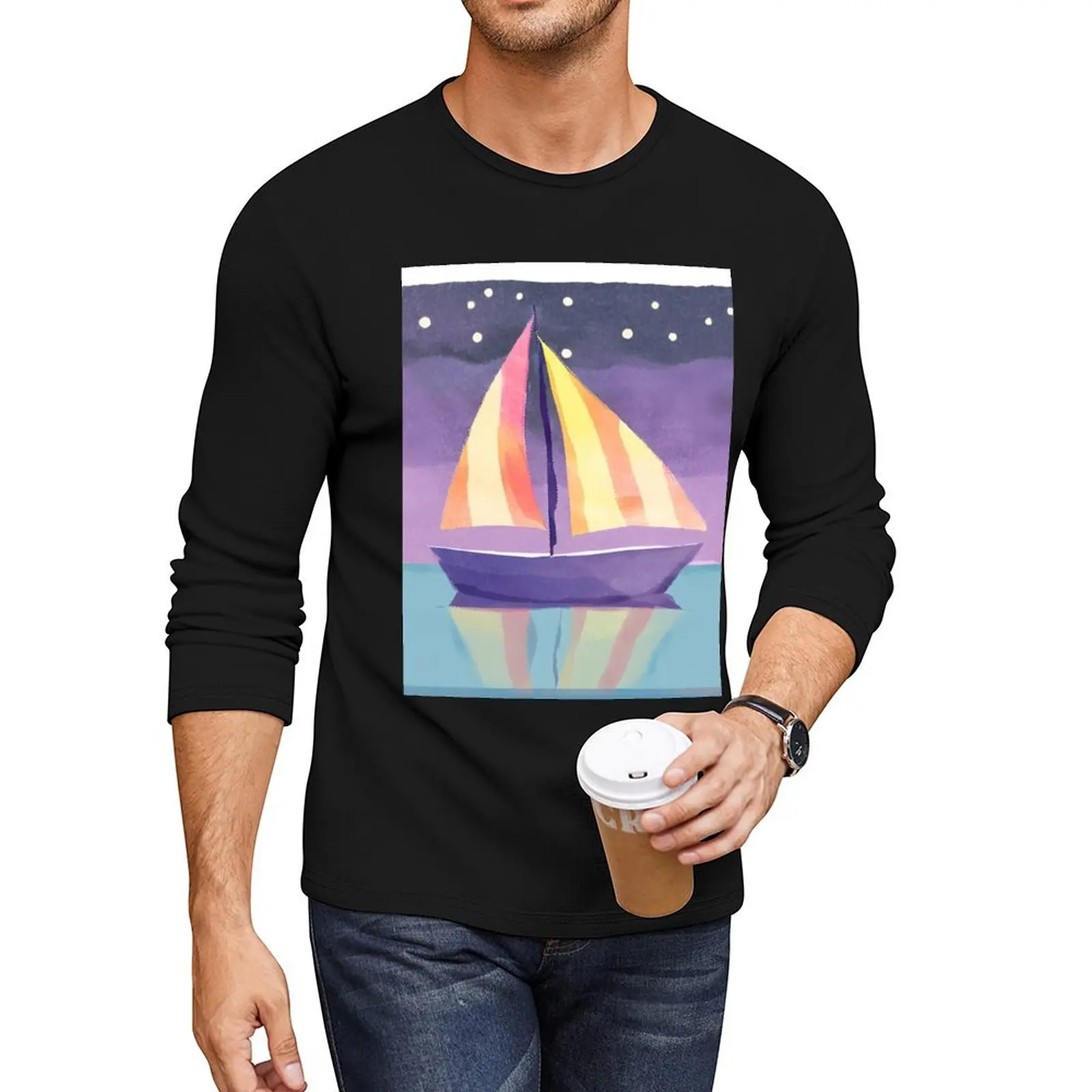 

striped sailboat on the open sea under the stars Long T-Shirt sublime t shirt mens tall t shirts