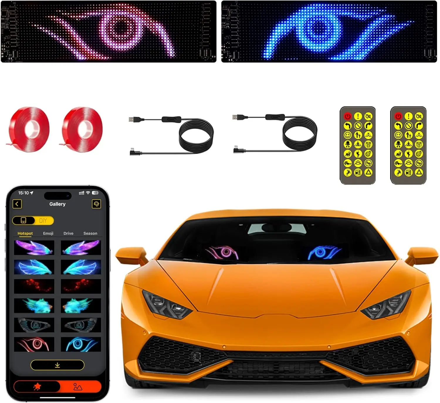 แผงไฟ LED Matrix 2 ชิ้น แบบยืดหยุ่น ใช้พลังงาน USB รูปทรงตาปีศาจ ควบคุมผ่านแอปพลิเคชัน ตั้งโปรแกรมได้ สำหรับรถยนต์ รถบ้าน รถบรรทุก SUV