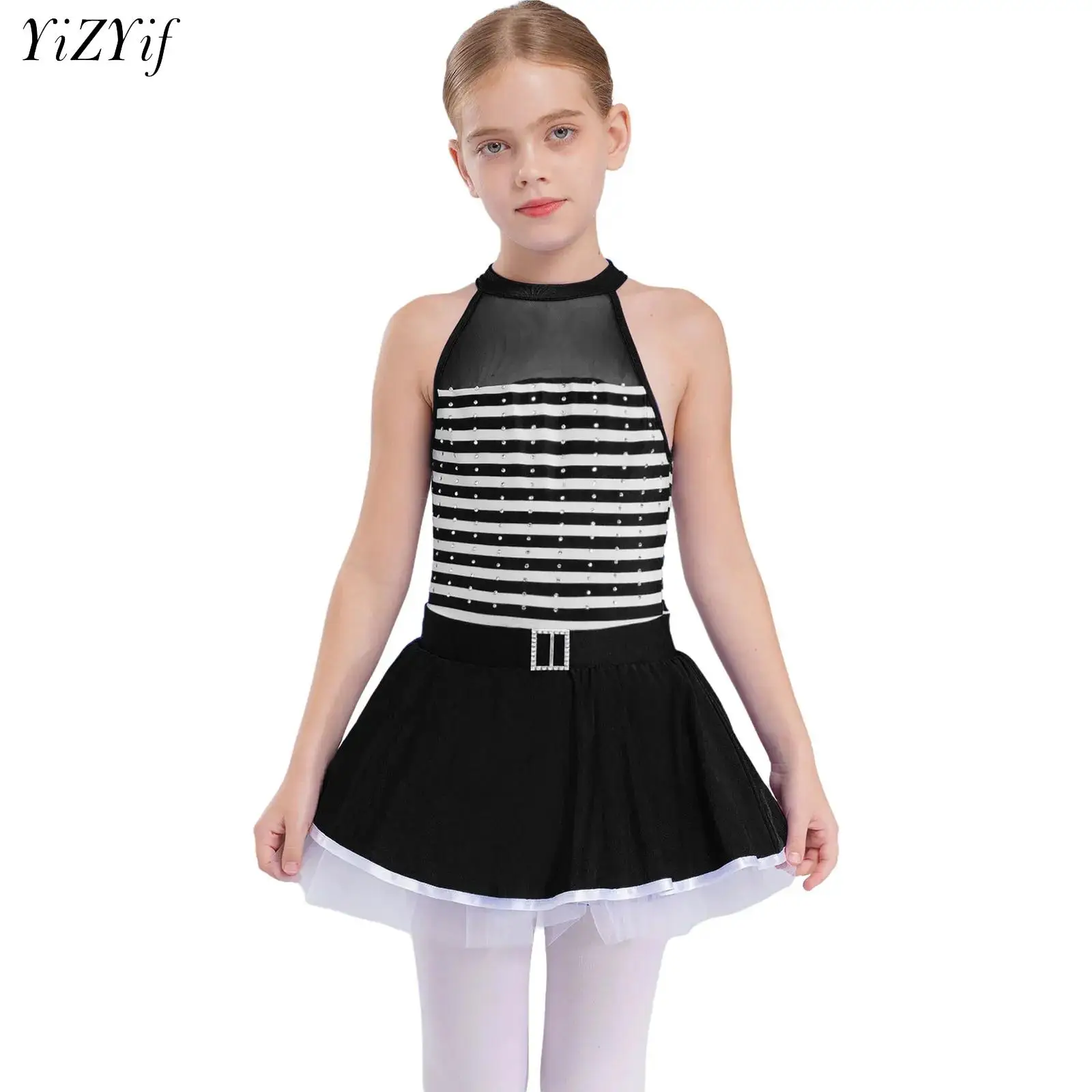 

Kids Girls Ballet Dance Tutu Dress Artistic Skating Sheer Mesh Patchwork Striped Tutu Elf Costume Carnival Party Fancy Dancewear