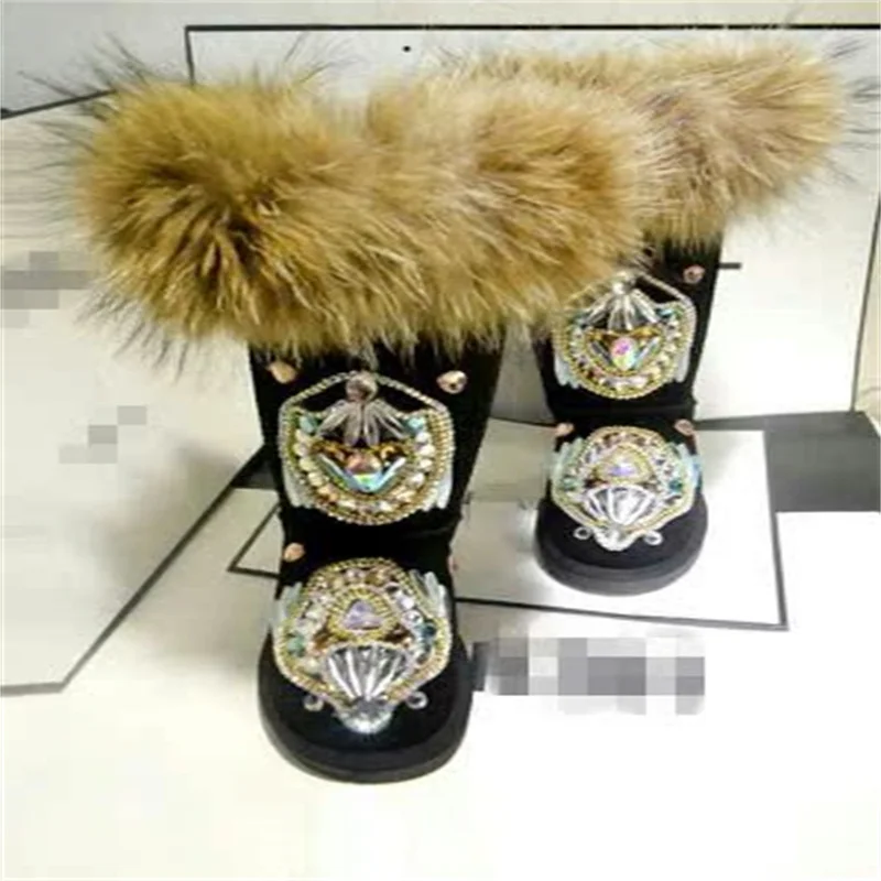 Custom hand-made rhine-diamond accessories designed natural fox hair high tube fur one women's large size snow boots 35-44