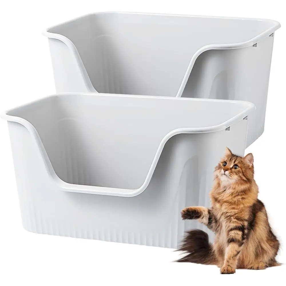 

2 Extra Large Cat Litter Box with High Sides, XL Litter Boxes or Indoor Big Cats, Grey Big Tall Deep High Wall Litter Box or 2 o