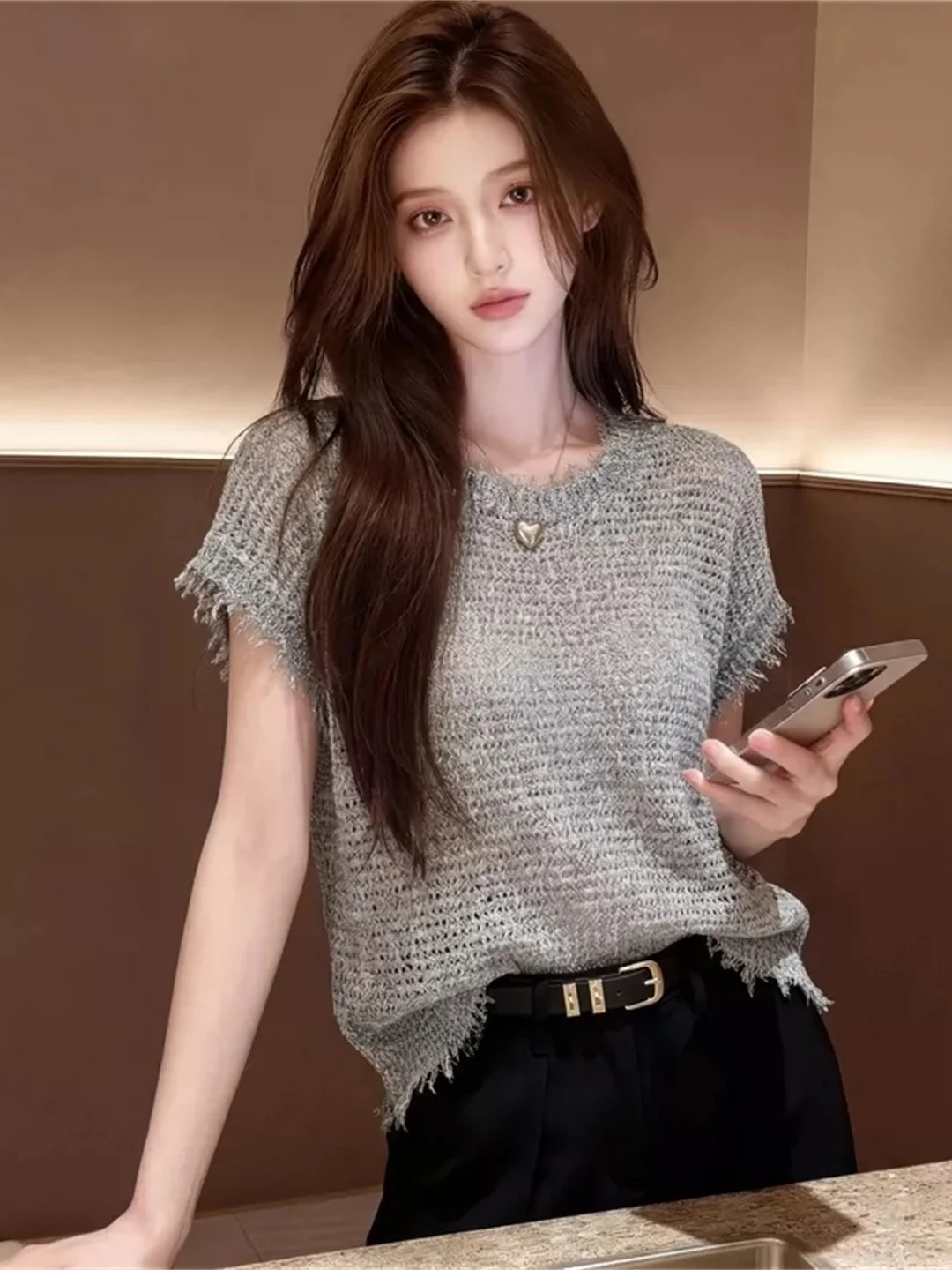 

Simple Color Knitted Top Short Sleeve Ruffle Design Loose Women's Summer T-Shirt Korean Style Casual Fashion